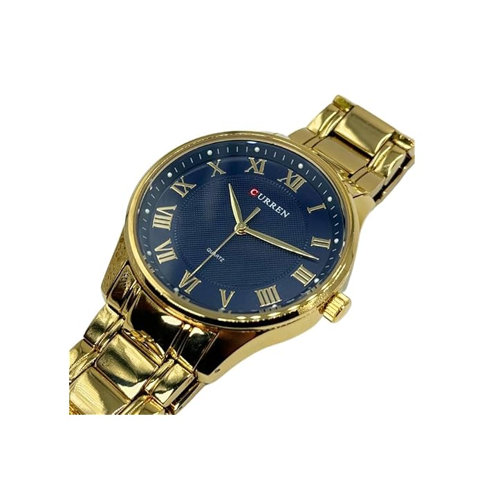 CURREN 8409. Reloj de Cuarzo clásico de Caballero con Correa de Acero Inoxidable Dorado y Esfera Azul con números Romanos - Imagen 7