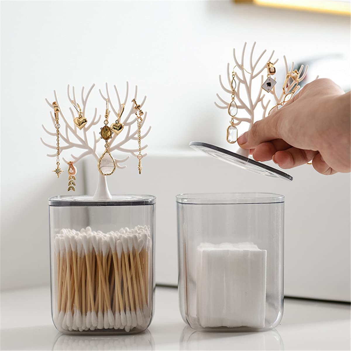 BOWEN EZ Bathroom Canister Qtip Holder Dispenser Jewelry Earring Storage Holder Bathroom Storage Organizer for Cotton Ball Cotton Swab Cotton Round Pads Floss Bath Salts Makeup Sponges (2PCS)