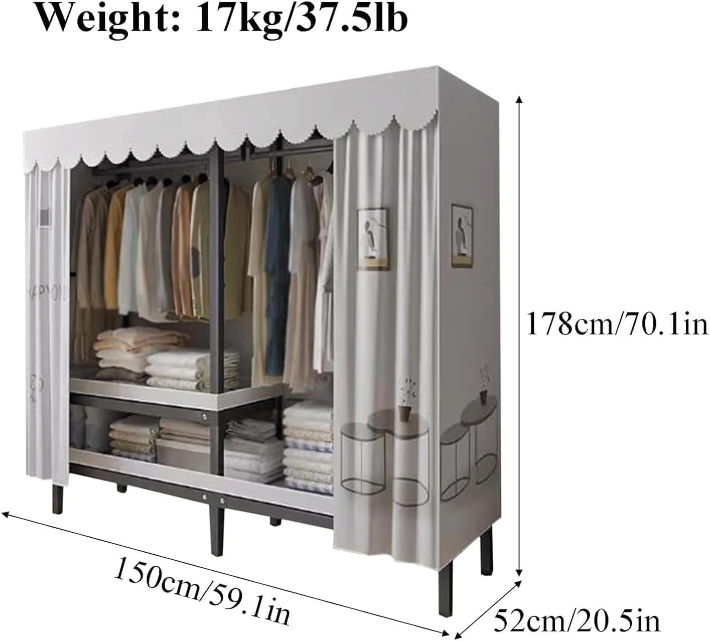 Armadio Portatile con Struttura in Acciaio Completo, Rivestito in Tessuto, 125 cm/150 cm, Armadio da Camera da Letto sospeso(A,150cm)