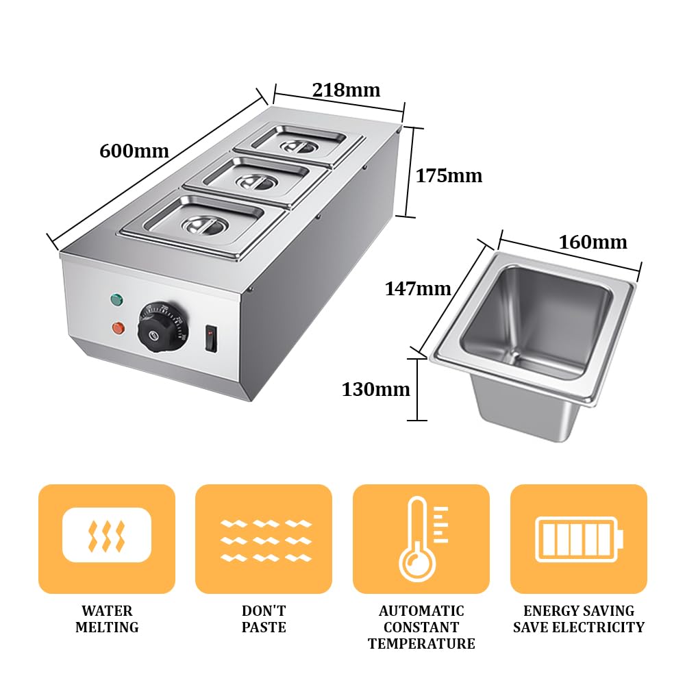 YUEWO Bagnomaria Per Cioccolato Caldaia Elettrica Per Sciogliere Il Cioccolato Macchina Per Cioccolata Acciaio Inox 3 Serbatoi 4.5L 220V 1200W