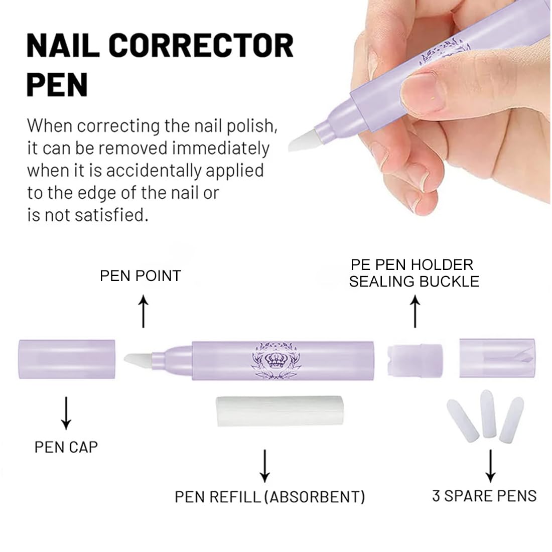 Paquete de 4 palitos quitaesmalte con hisopos de algodón, lápices de manicura y correctores de esmalte rosa morado amarillo azul