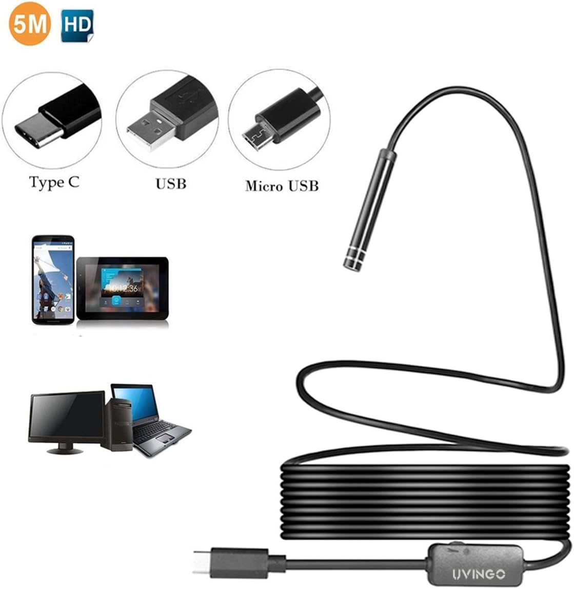USB Endoscope, UVINGO Semi-rigid Borescope Inspection Camera HD 3 in 1 USB/Micro USB/Type C Tube Pipe Camera, Waterproof IP67 5.5mm Snake Flexible Camera with 6 Adjustable Led Light
