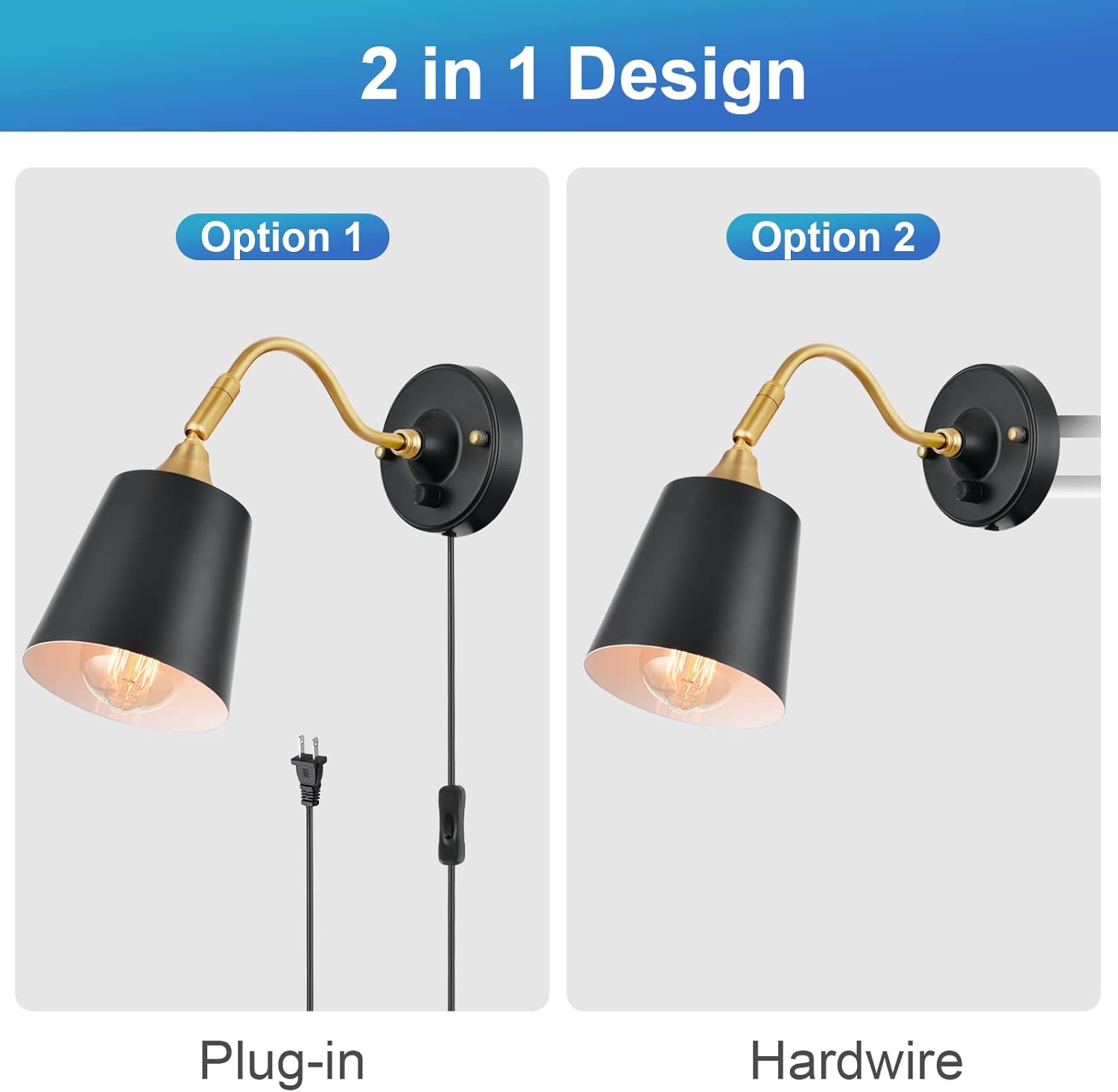 TRLIFE Wall Sconces Plug in, Dimmable Wall Lights with Plug in Cord Adjustable Lighting Angle Wall Mounted Light with On/Off Rotary Switch for Bedside, Bedroom, Over Mirror(2 Pack, 2 Bulbs Included)