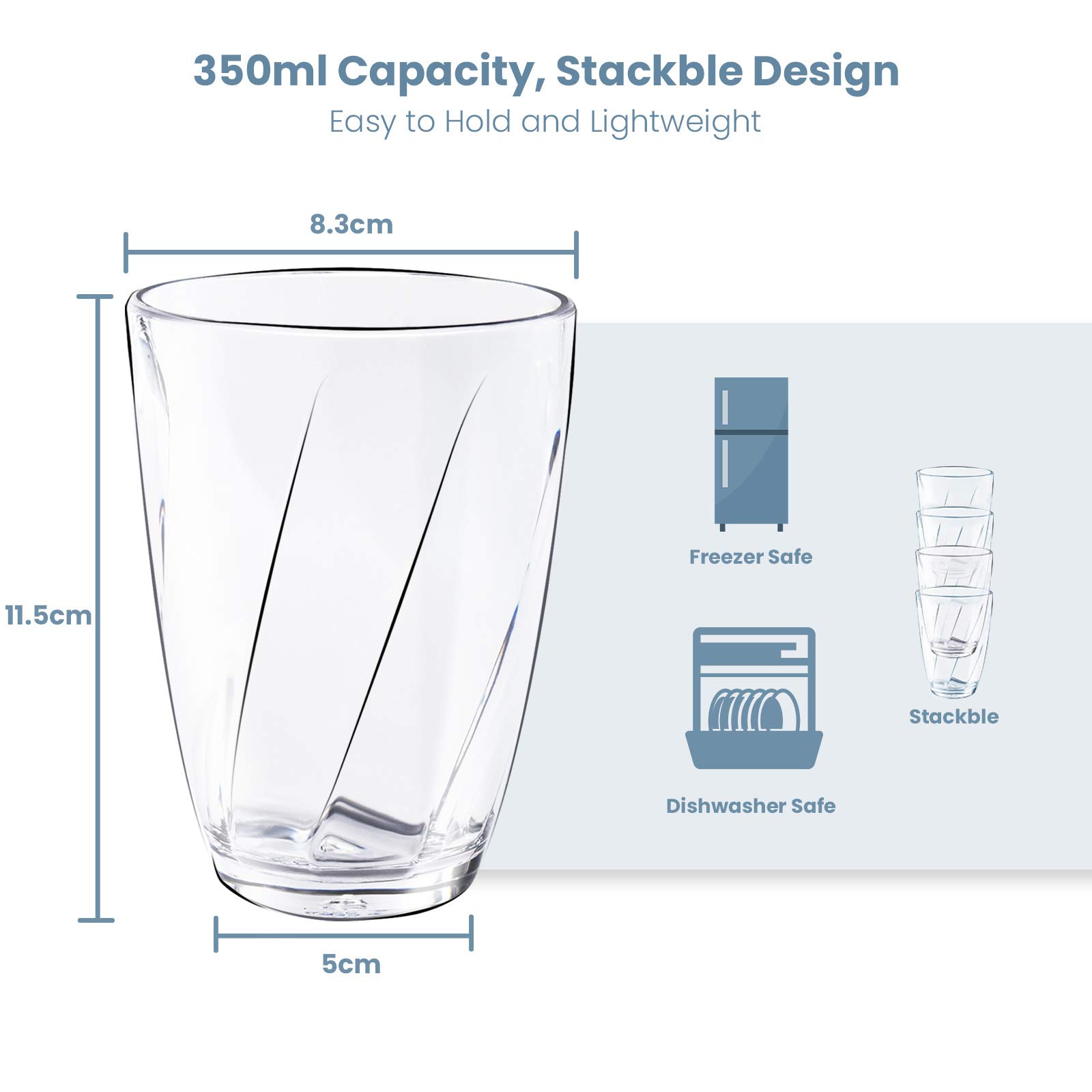 Plastic Glasses, 350ml Stackable Plastic Glasses Set of 4, Dishwasher