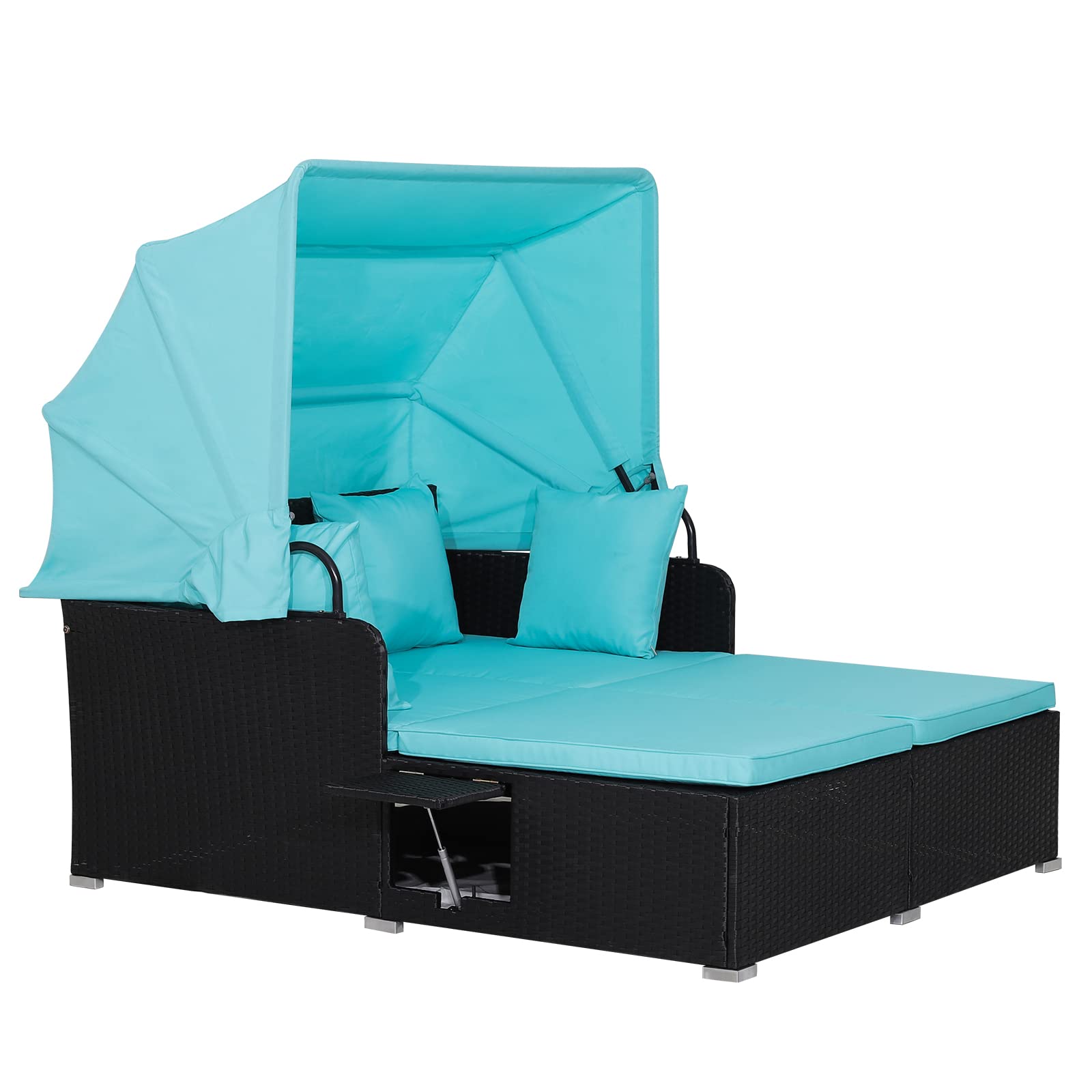 RELAX4LIFE Outdoor Wicker Lounge Daybed - PE Rattan Sunbed with Retractable Canopy, Cushions, Pillows, 2 Folding Side Trays, Patio Double Conversation Bed for Porch, Yard, Garden,Poolside (Turquoise)