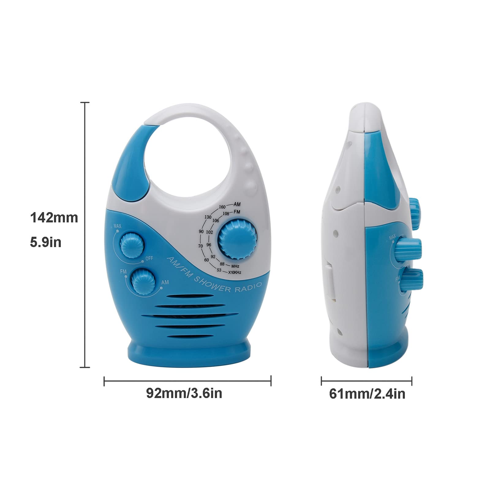 Radio de Douche étanche avec Volume réglable, Mini AM-FM Haut-Parleur pour l'extérieur avec poignée supérieure - Alimenté par Pile,Bleu