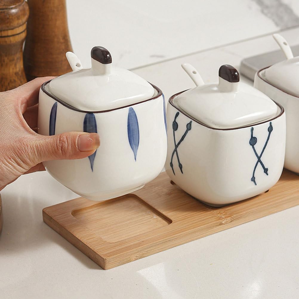 ABOOFAN Ceramic Seasoning Jars Set with Lid and Spoon, 3pcs Condiment Pots for Salt, Sugar, Pepper with Bamboo Tray, Kitchen Counter Organizer Condiment Container