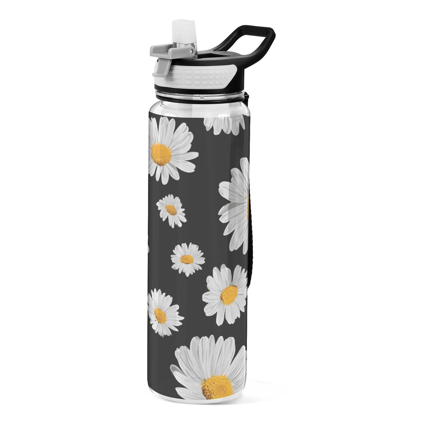 ALAZA Sport-Wasserflasche mit Gänseblümchen-Motiv, schwarzer Hintergrund, mit Strohhalm-Deckel, 900 ml, transparent, BPA-frei, Tritan-Kunststoff, auslaufsichere Krüge, großer Klappverschluss für