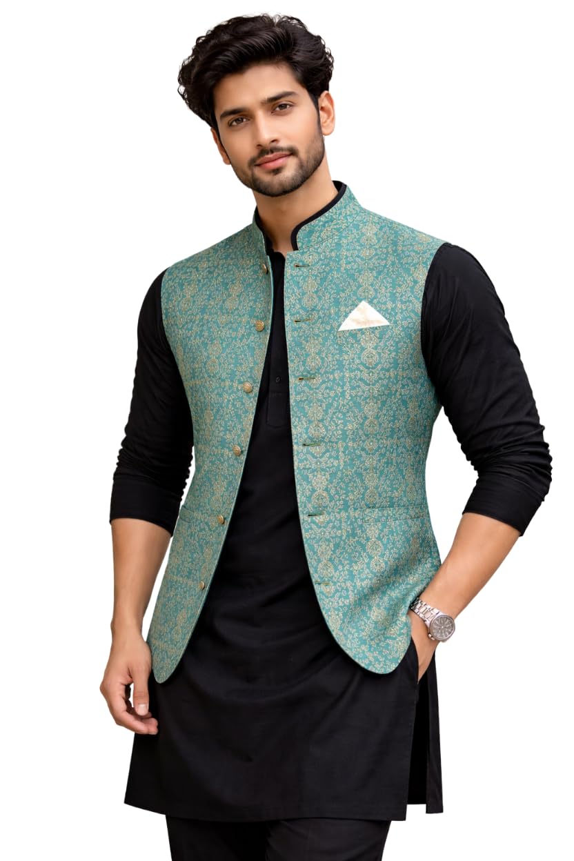 BK FASHION Men's Nehru Jacket, Brocade Jacquard Floral Pattern, Sleeveless, Mandarin Collar