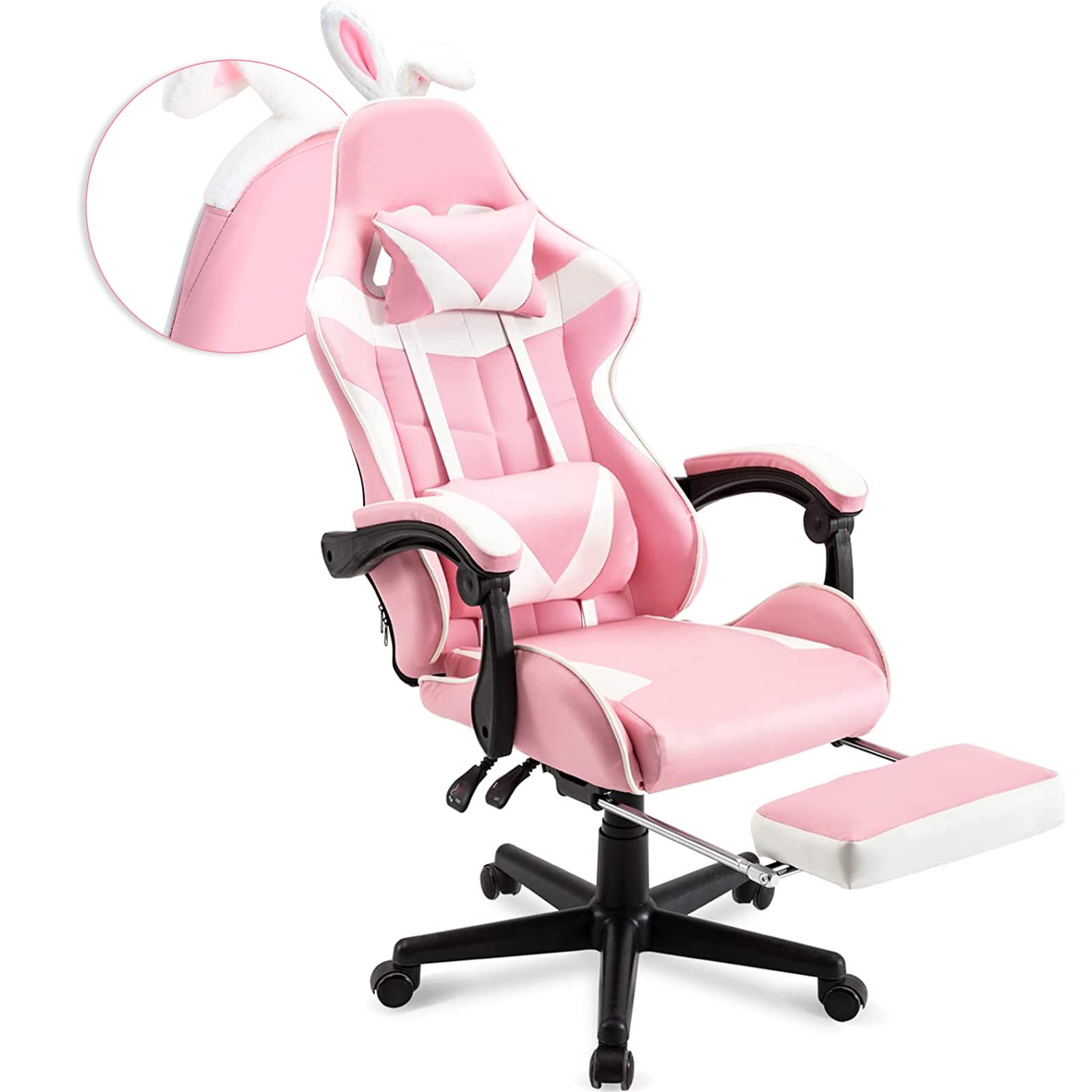 Soontrans Chaise Gaming Massante Ergonomique Fauteuil Gamer avec Serre-tête & Support Lombaire Massage & Appui-tête & Repose-Pied, Chaise Gamer pour Youtube Livestreaming PlayStation Xbox (Rose)