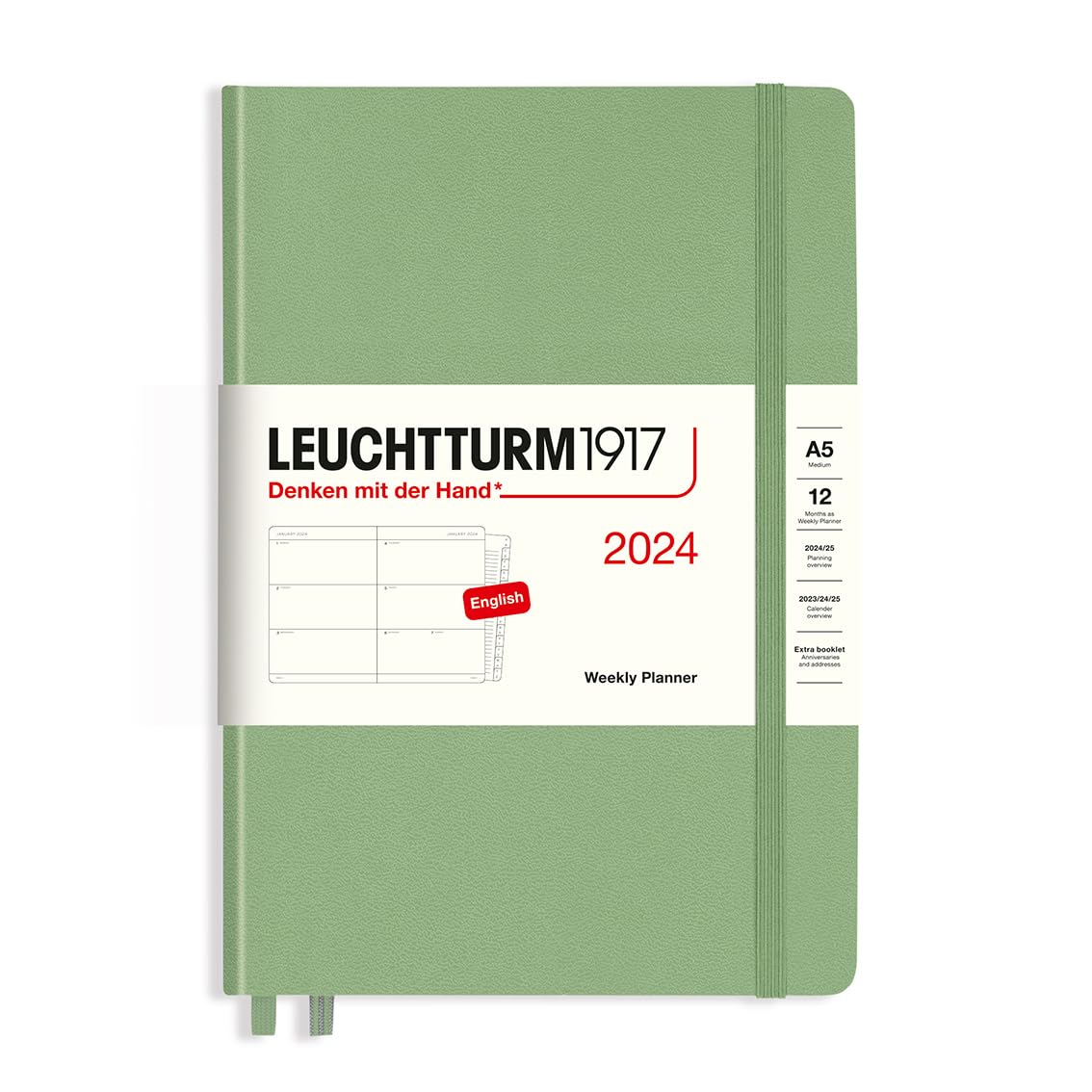 LEUCHTTURM1917 367618 Weekly Planner Medium (A5) 2024, 12 Months, Sage, English