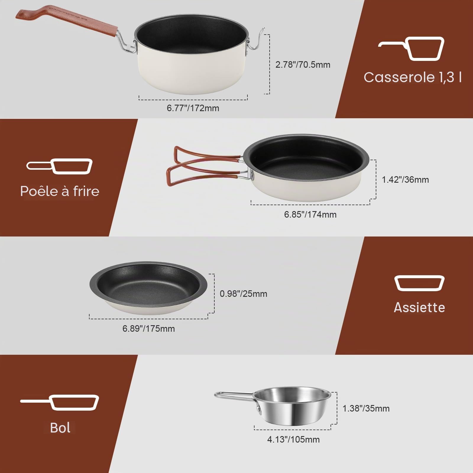 Odoland Lot de 10 ustensiles de cuisine de camping antiadhésifs légers avec assiettes, bols, fourchettes, couteaux et cuillères – Parfait pour la randonnée, le camping et les pique-niques