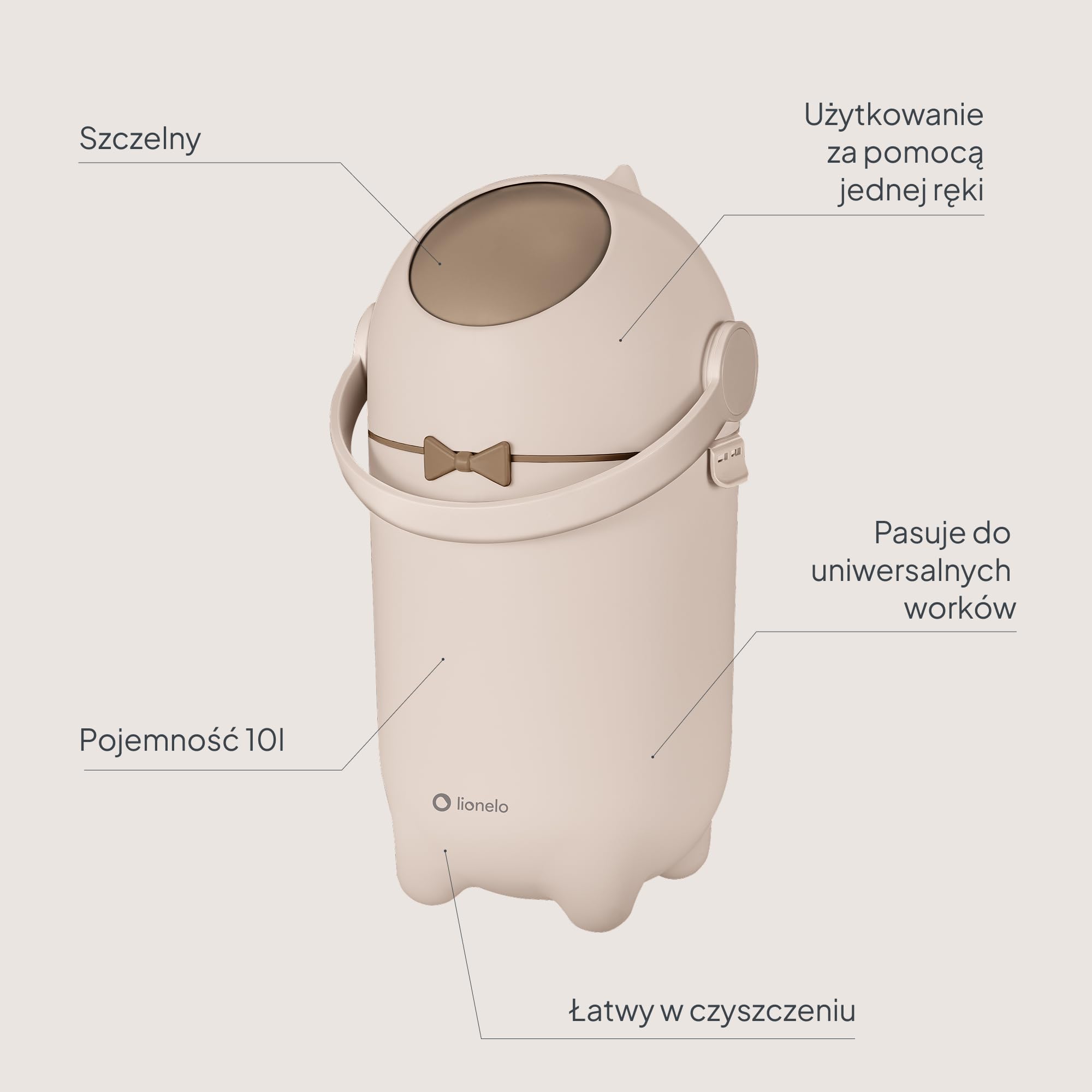 LIONELO Purebin Kosz na pieluchy 10 l, bezwonny i higieniczny, współpracuje z uniwersalnymi workami na śmieci, mechanizm kontroli zapachu, obsługa jednoręczna, kompaktowy, do łazienki i pokoju | Bez wkładów, higieniczne, hermetyczne zamknięcie, otwieranie