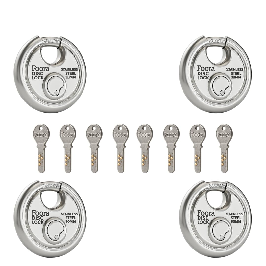 Foora Same Key Stainless Steel Disc Lock, Silver, 90mm, Double Locking Round Shape with 8 Common Keys, Pack of 4, for Home Door Security