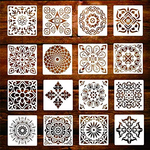 Plantillas de mandala para manualidades, paquete de 16 plantillas de pintura de puntos de mandala reutilizables, plantillas de azulejos de pintura, set de arte de bricolaje (5.9 x 5.9 pulgadas)