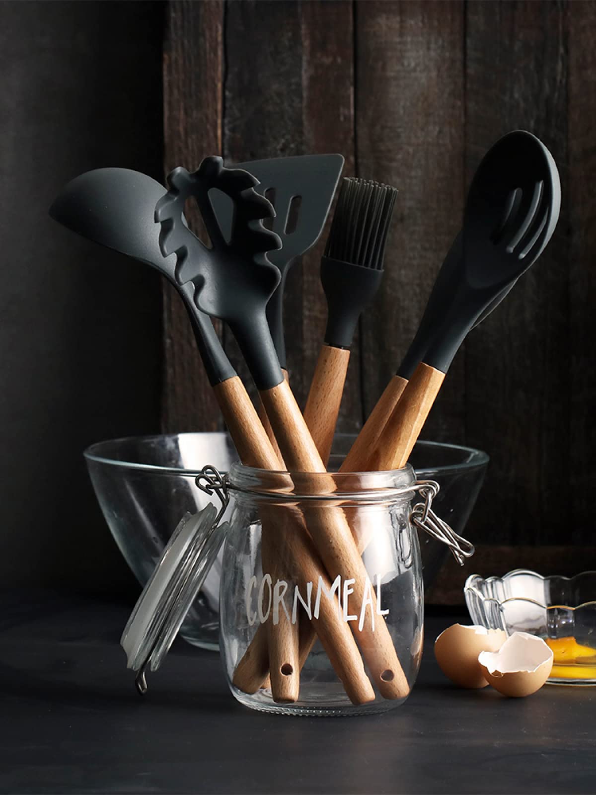 Juego de 8 utensilios de cocina de silicona, utensilios de cocina, cucharón, batidor, pala