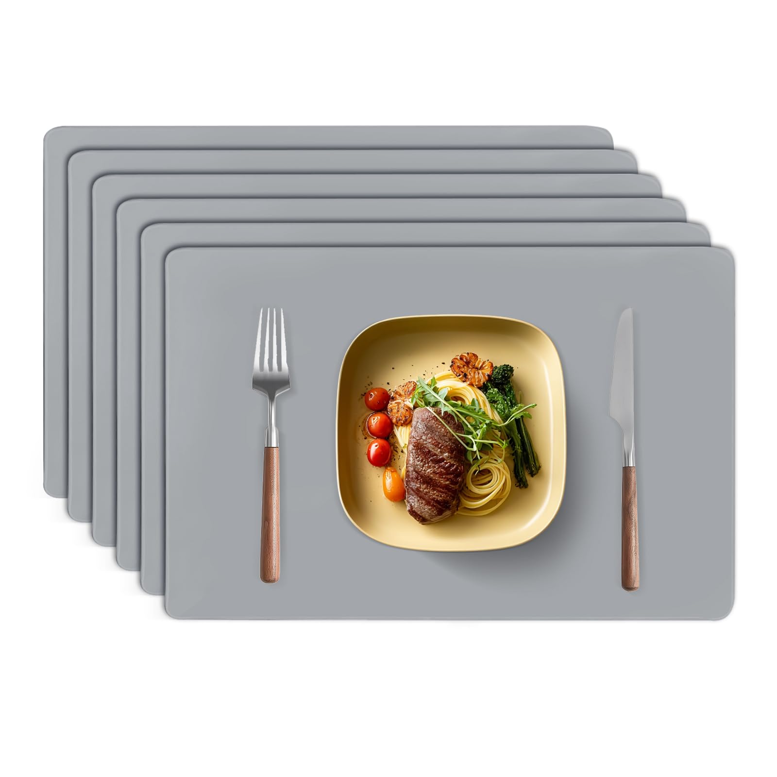 TAZAMI Silicone Place Mats for Table set of 6 Reusable Washable Non-slip Table Mats Nonstick Heat Resistant Waterproof Placemats for Kitchen Restaurant Office Desk 30X40cm(Grey)
