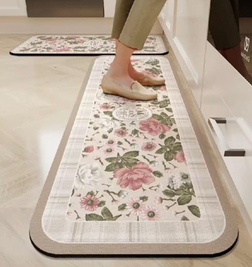 Image of HomeCloud Rubber Kitchen Mats for Floor Set of 2 Pcs|Non-Skid, Soft Absorbent Rugs for Kitchen, Laundry, and Hallway|120x40cm, 40x60cm| 4mm Thickness (Moconche Beige Flower)