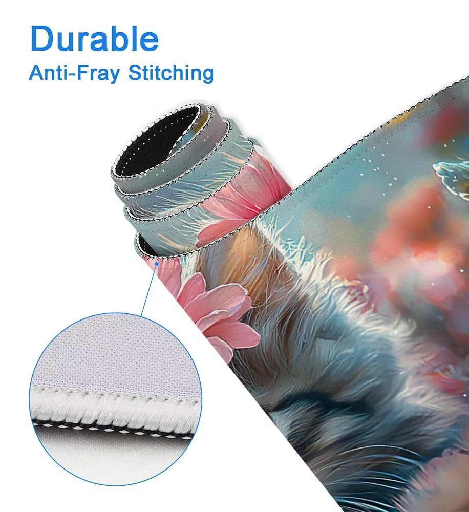 Podkładka pod mysz do gier, duża podkładka pod mysz XXL 1200 x 600 x 3 mm w kwiaty pod ręką ze zszytymi krawędziami, podkładka pod mysz do gier XXL wodoodporny antypoślizgowy kot do PC, akcesoria