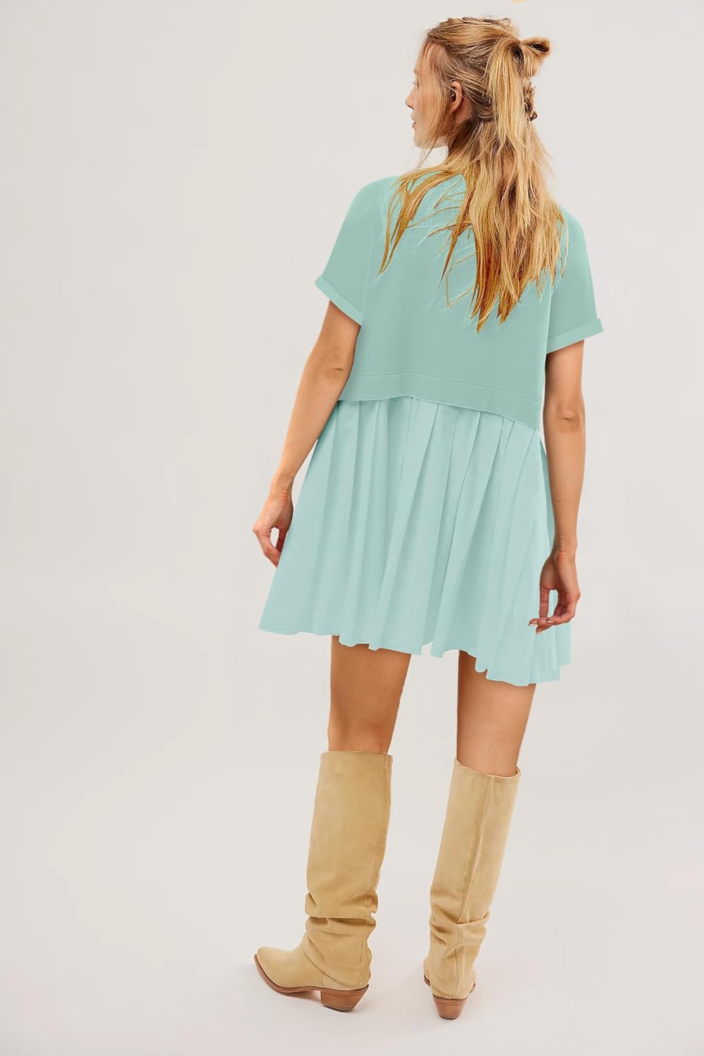 SAUKOLE Womens Summer Crew Neck Short Sleeve Dress Patchwork Pleated A Line Beach Boho Mini Dress - Image 6