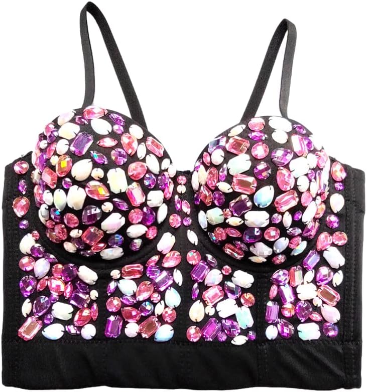 Women's Colorful Rhinestone Top Sparkly Bustier Crop Top Push Up Corset Bra Clubwear