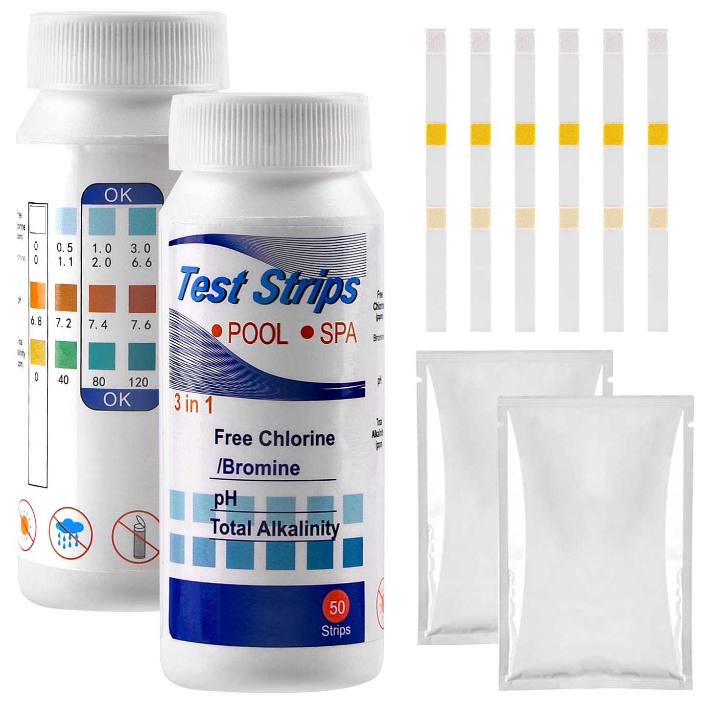 QUACOWW 50 Pieces Water Test Strips, 3-in-1 Swimming Pool Dip Test Strips, Pool Spa Hot Tub Test Strips for Chlorine, PH and Alkalinity Testing