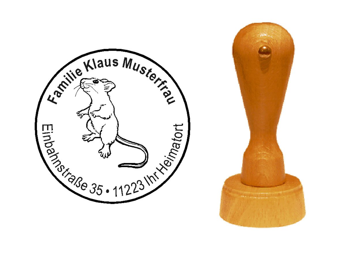 Stempel personalisiert runder Holzstempel süße Maus Mäuschen Ø 40 mm mit persönlicher Adresse und Motiv