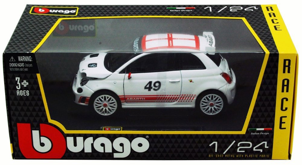 Bburago Fiat Abarth 500 #49, White -1/24 Scale Diecast Model Toy
