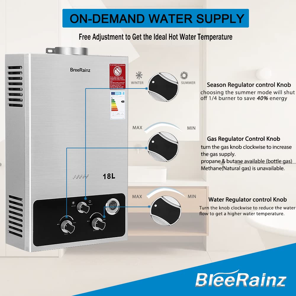 BreeRainz Scaldabagno a Gas 18LPM,36KW Scaldabagno Istantaneo a Propano,Funziona a Bassa Pressione dell'Acqua di Partenza Super Bassa, per Case,Cabine Esterno