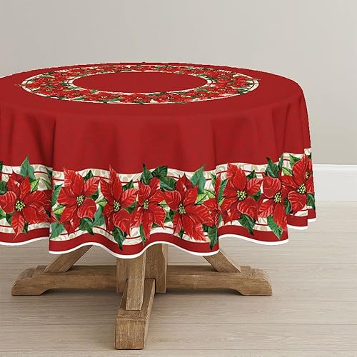 Horaldaily Christmas Tablecloth 60×60 Inch Round, Poinsettia Red Washable Table Cover for Party Picnic Dinner Decor
