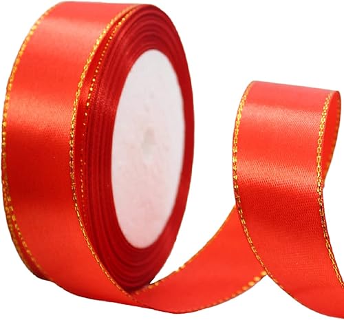 Cinta de satén roja de 1 pulgada con bordes dorados para envolver regalos, decoración del hogar, diseño floral y manualidades, cinta de una sola