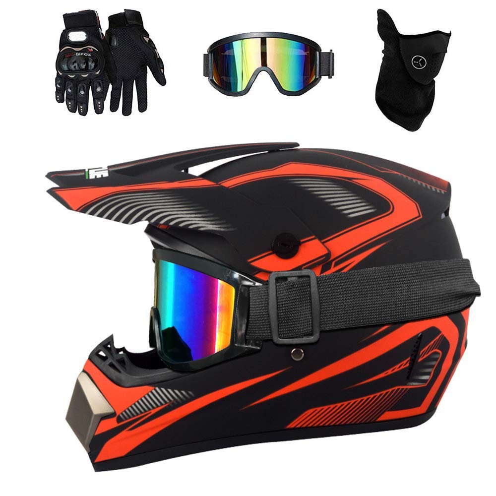 Dual Sport Full Face MTB Motocross Helmet Set, with Goggles Gloves Mask, Youth Kids Off Road ATV Motorbike Crash Helmet, Downhill BMX Enduro Quad Dirt Bike Helmet for Boy Girl ( Color : Red , Size : X
