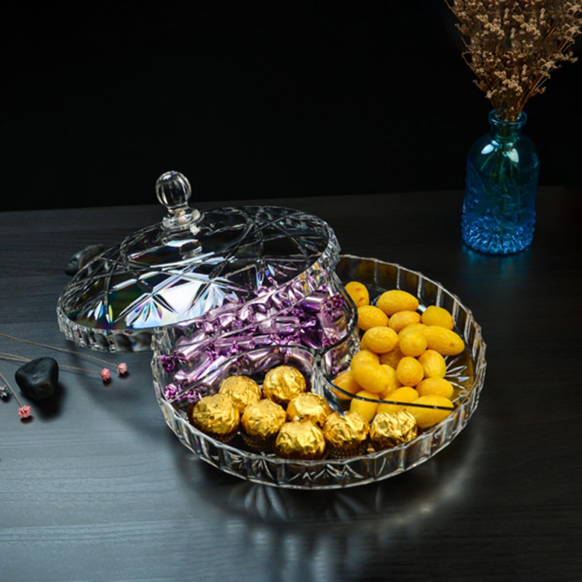 Caja de Aperitivos Redonda con 3 Compartimentos de Acrílico para Snacks y Frutos Secos, Resistente al Desgaste, Adecuado Ocio y Fiestas Reutilizable