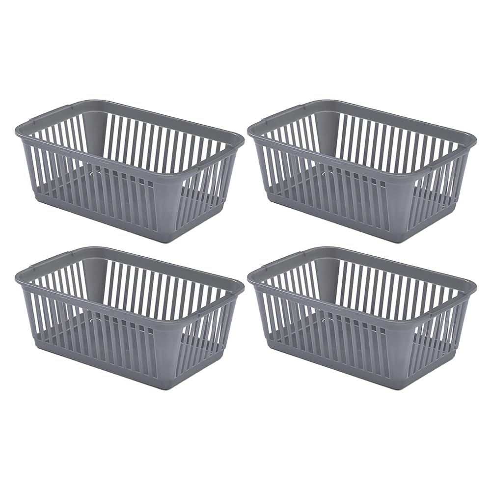 Concept4u 4 x Silver Handy Basket 30cm Plastic Lightweight & Durable Laundry Basket Rectangular Storage Basket Ideal for Bedroom, Kitchen, Office, School Books, Stationery and Toiletries