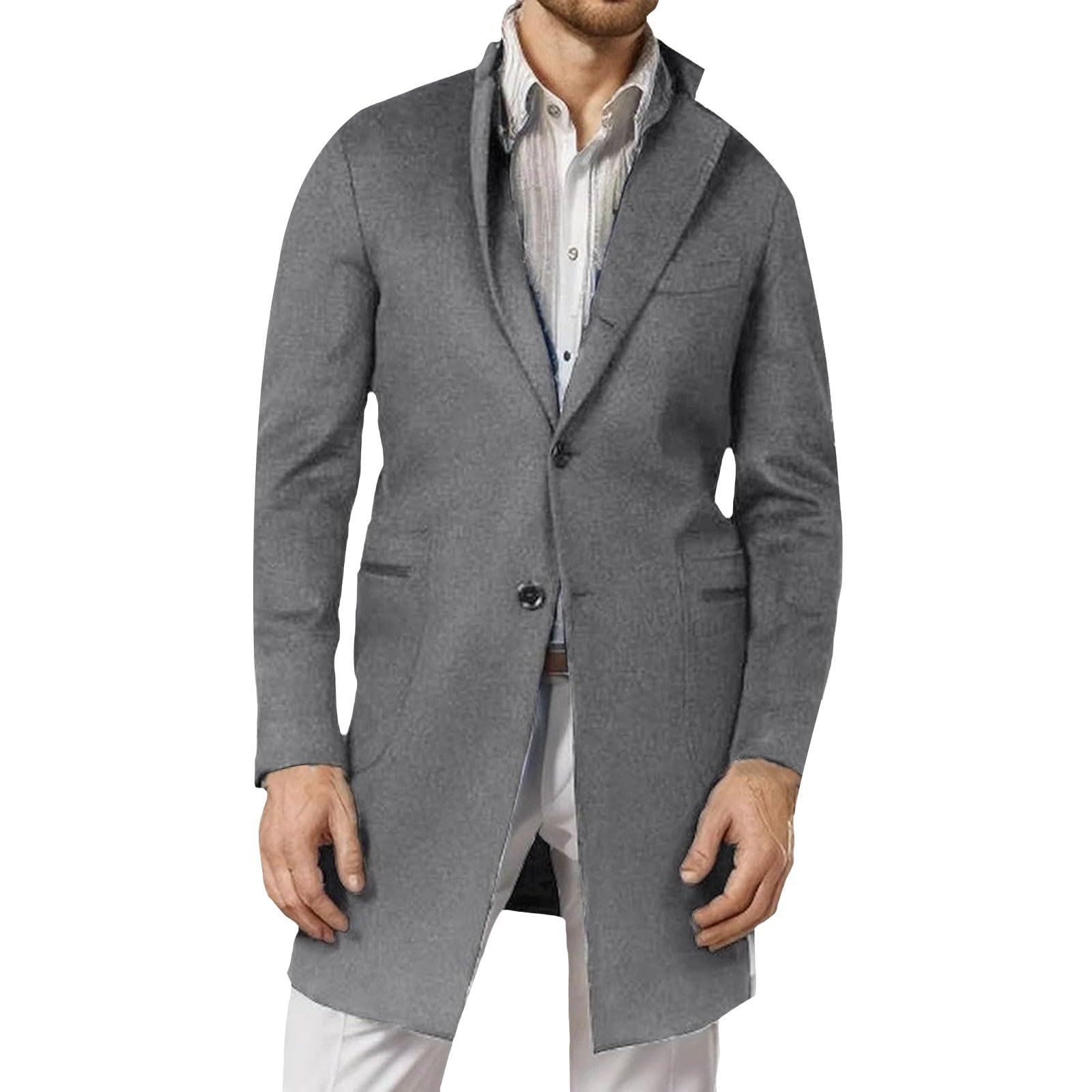 Trench da uomo di media lunghezza, trench da uomo in tinta unita, tinta unita, colletto con risvolto, alla moda, per lavoro, casual, giacca a vento, antivento, minimalista, per l'inverno