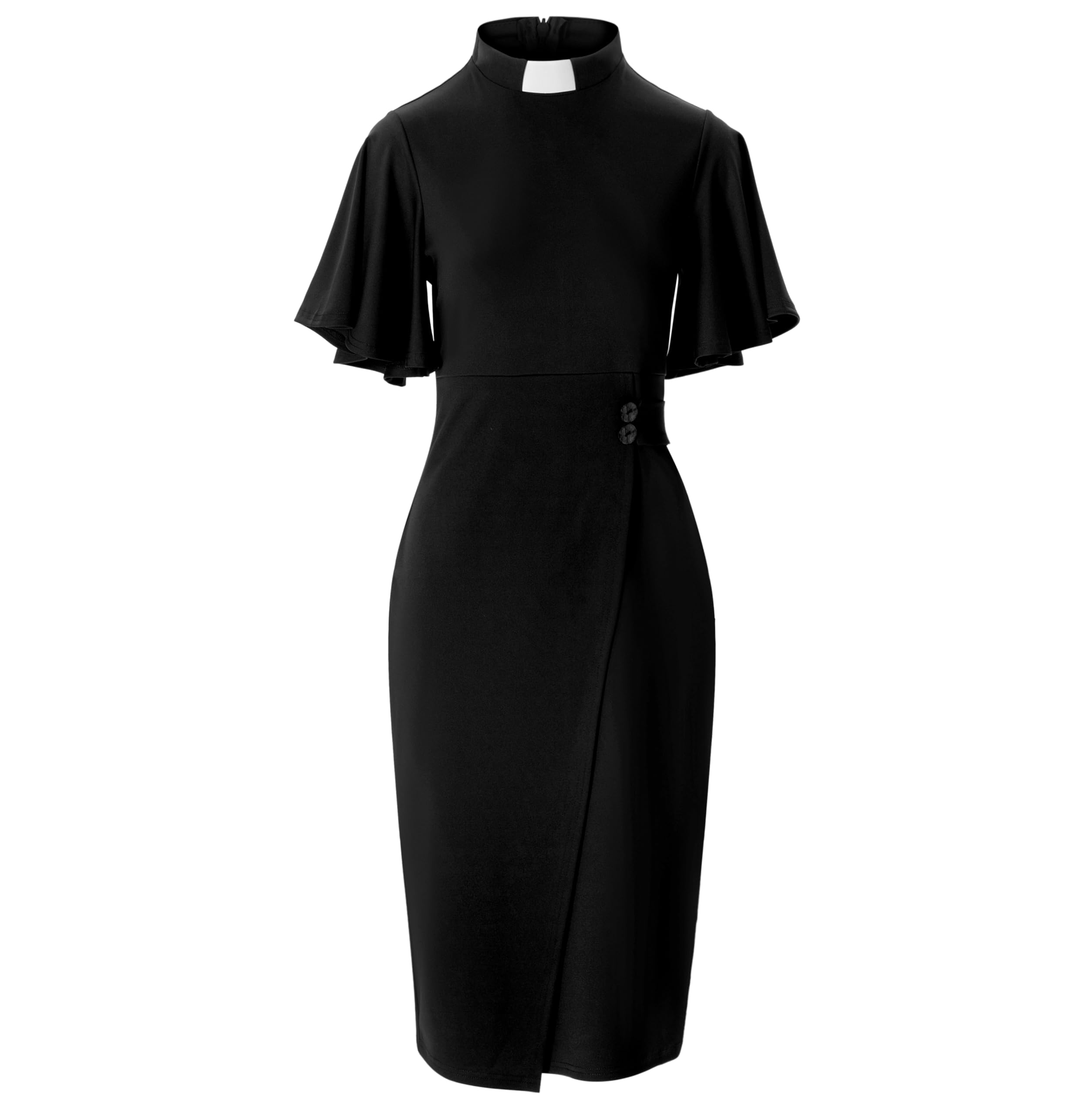 Mambabaco Black Church Dress for Women - Short Ruffle Sleeve Clergy Dress with Tab Insert Collar