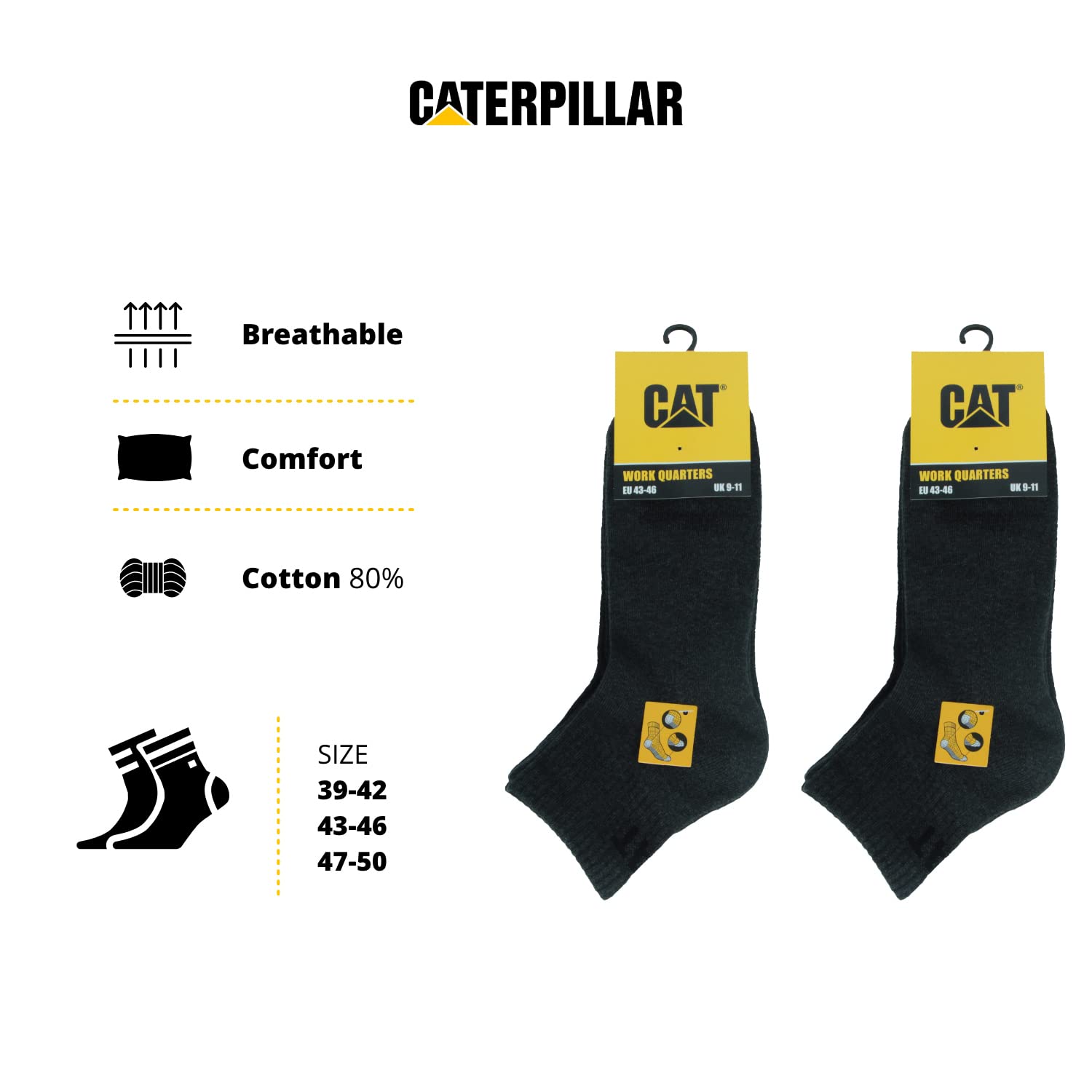 Caterpillar Quarter Socks 6 paires de chaussettes de travail pour hommes, hauteur au-dessus de la cheville, renforcées aux orteils et au talon, coton d'excellente qualité