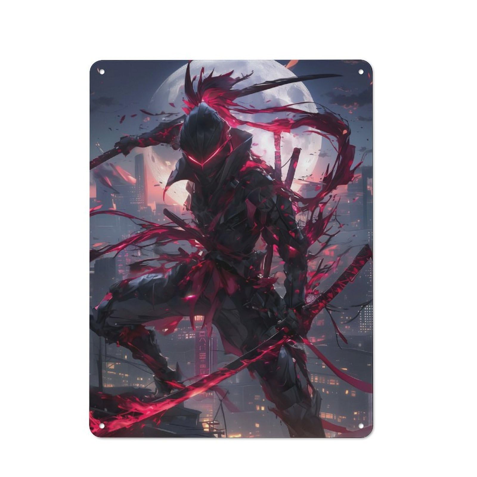 Junmoney Fullmoon Red Ninja Metal Wall Sign 40X30cm Featuring For Living Room Wall, A Decorative Gift For A Newly Furnished Living Room