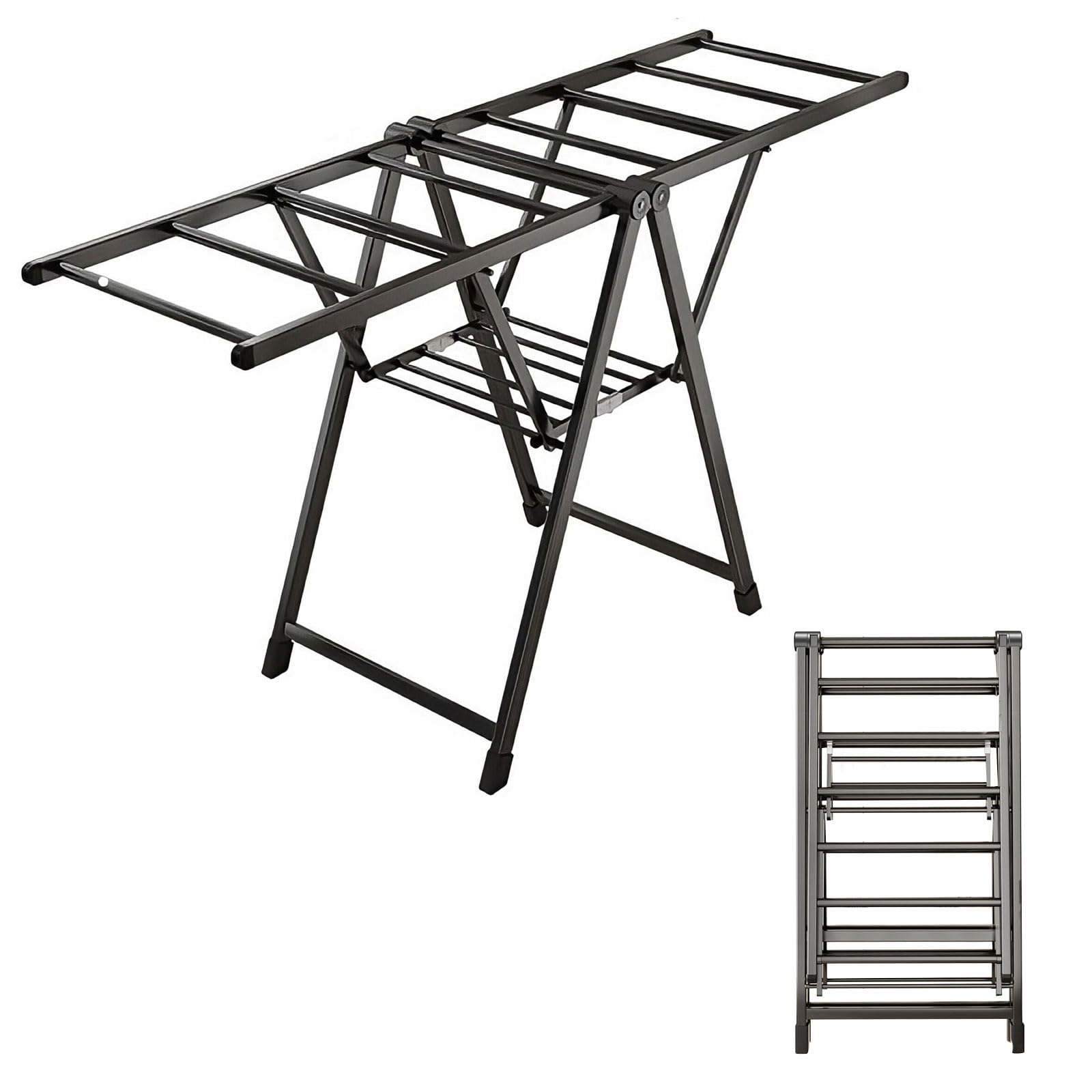 BCJMKDX folding clothes horse, Free-Standing Laundry Drying Rack, 18-Tier Foldable Clothes With Height-Adjustable Gullwings(Basic,140cm black)