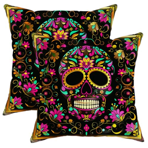 Lot de 2 housses de coussin colorées à motif floral et tête de mort, style rétro Dia de Los Muertos, housses de coussin décoratives festives pour maison, canapé,...