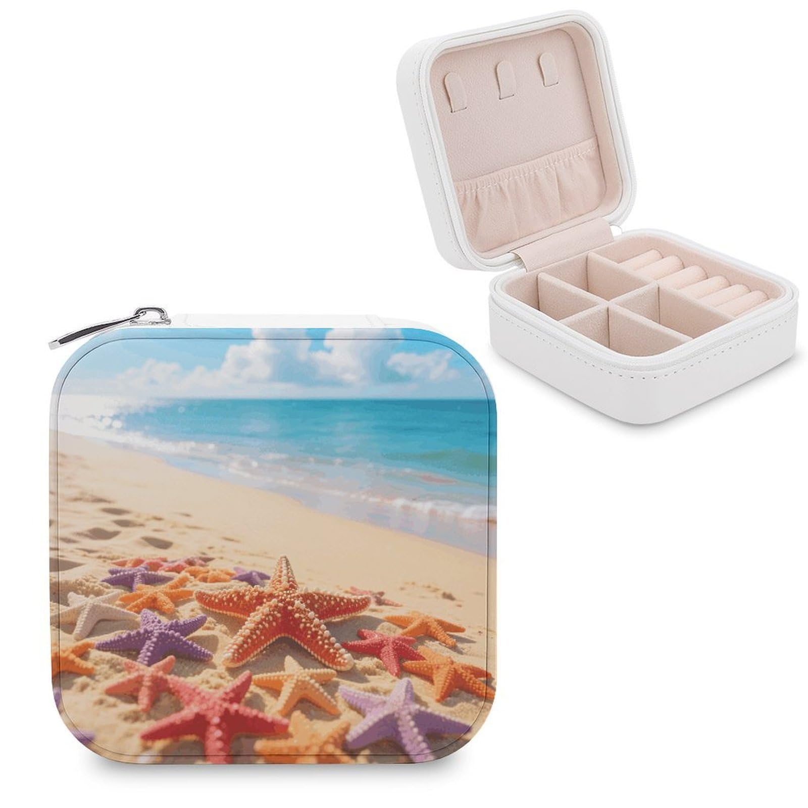 VstaDank Starfish And Sand Jewelry Box for Women Jewelry Organizer Storage Case with Zipper Mini Travel Jewelry Case Cute Trinket Organizer Leather Portable Jewelry Storage Box