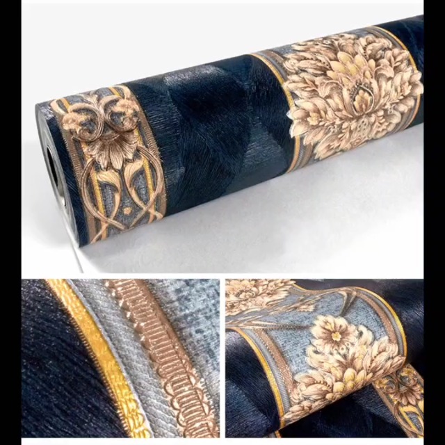 Prior.choice 9.5X0.53M Retro AB Vintage Damask Stripes Waterproof Deep Embossed Textured PVC Wallpaper Roll For Bedroom Livingroom Wall 1.73' W X 31.2' L=5.035㎡ (54sq.ft) (B Dark Blue Stripe