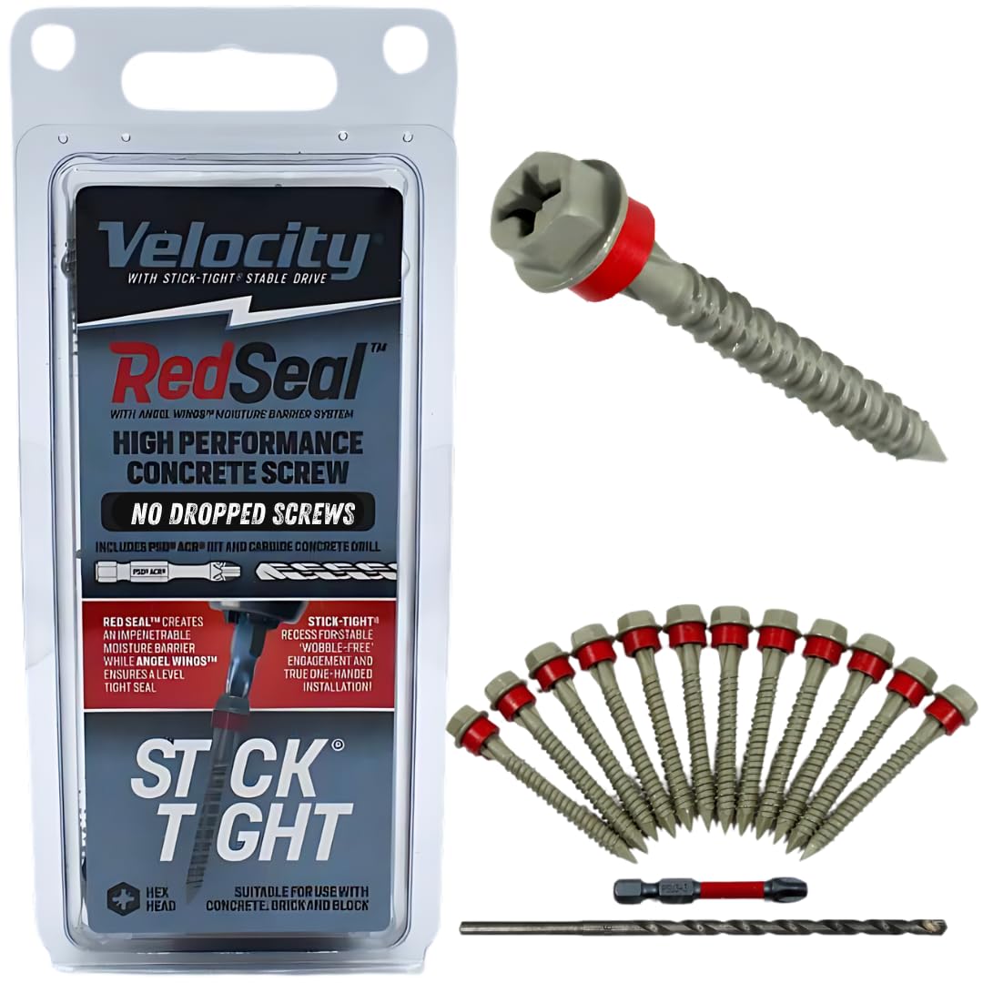 Velocity 2 1/4 Concrete Screws Set with RedSeal Moisture Barrier (Hex Head, 1/4”) – 12 Pcs High-Performance Masonry Screws, Stick Tight Technology, 1 PSD ACR Drive Bit and 1 Carbide Concrete Drill Bit