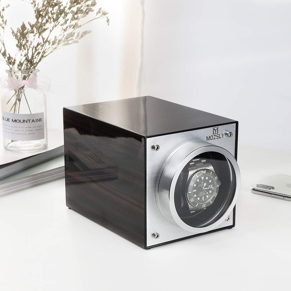 MOZSLY Cargador de reloj para relojes automáticos, alimentado por batería, adaptador AC con 12 modos de rotación, caja con motor silencioso, lacado piano