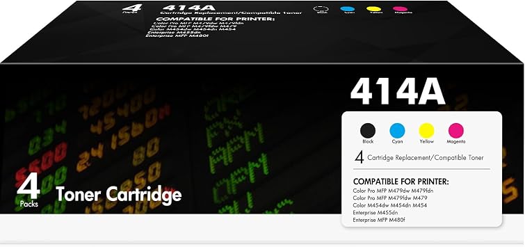 414A Toner Cartridges 4 Pack with Chip| Replacement for 414A 414X W2020A W2020X Work for Color Pro MFP M479fdw M479fdn M454dw M454dn M479 M454 Printer Ink| Black Cyan Yellow Magenta