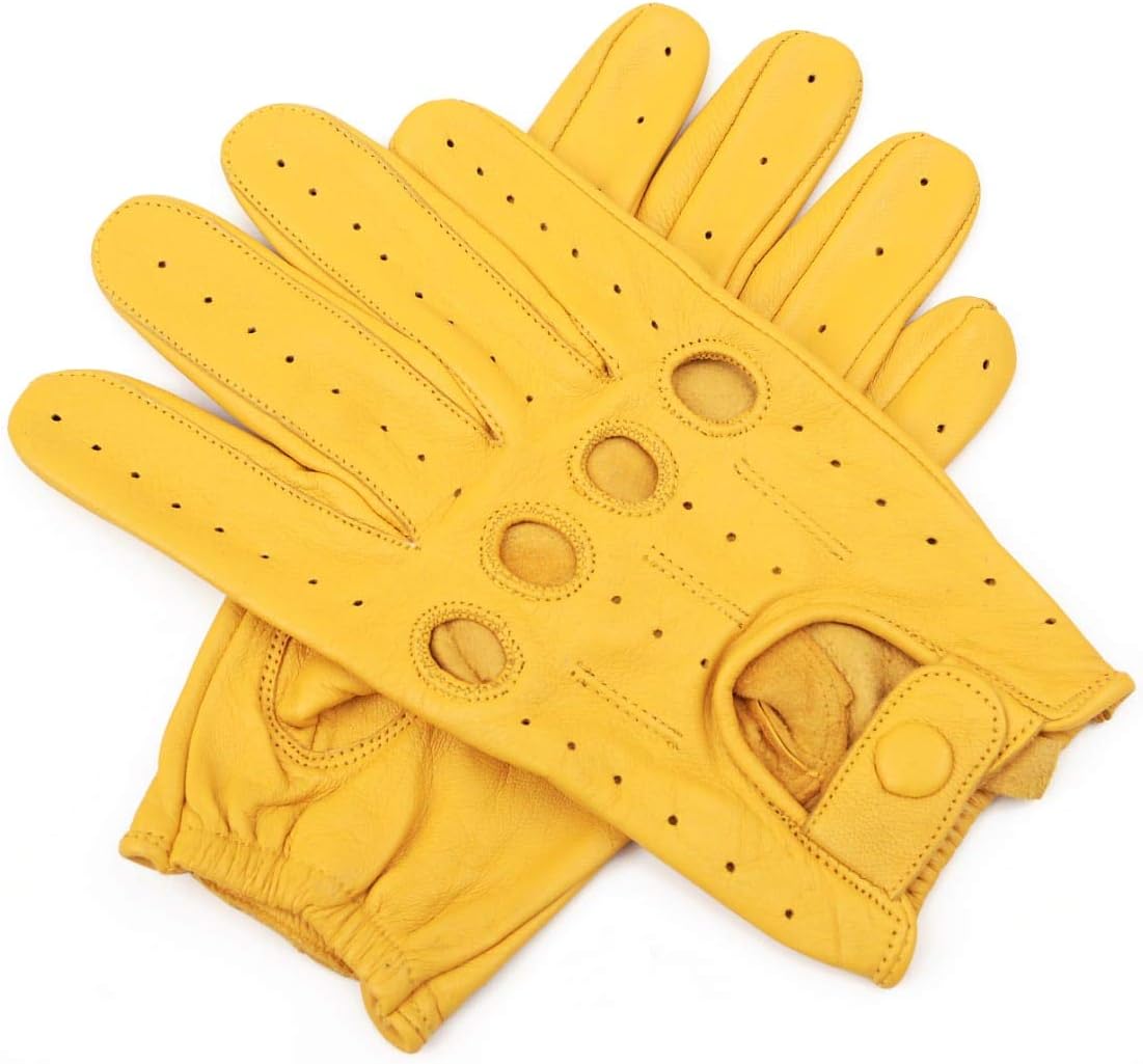 Yellow Sheepskin Leather Driving Gloves for Men (Large)