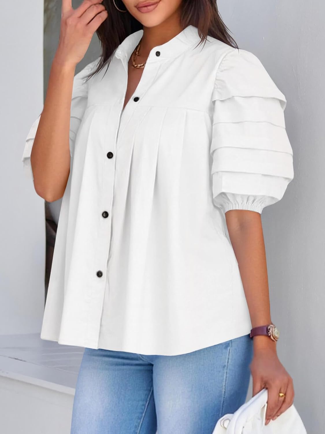 Tankaneo Womens Puff Short Sleeve Button Down Shirts Cotton Pleated Babydoll Blouses Trendy Casual Loose Fit Tops - Image 2