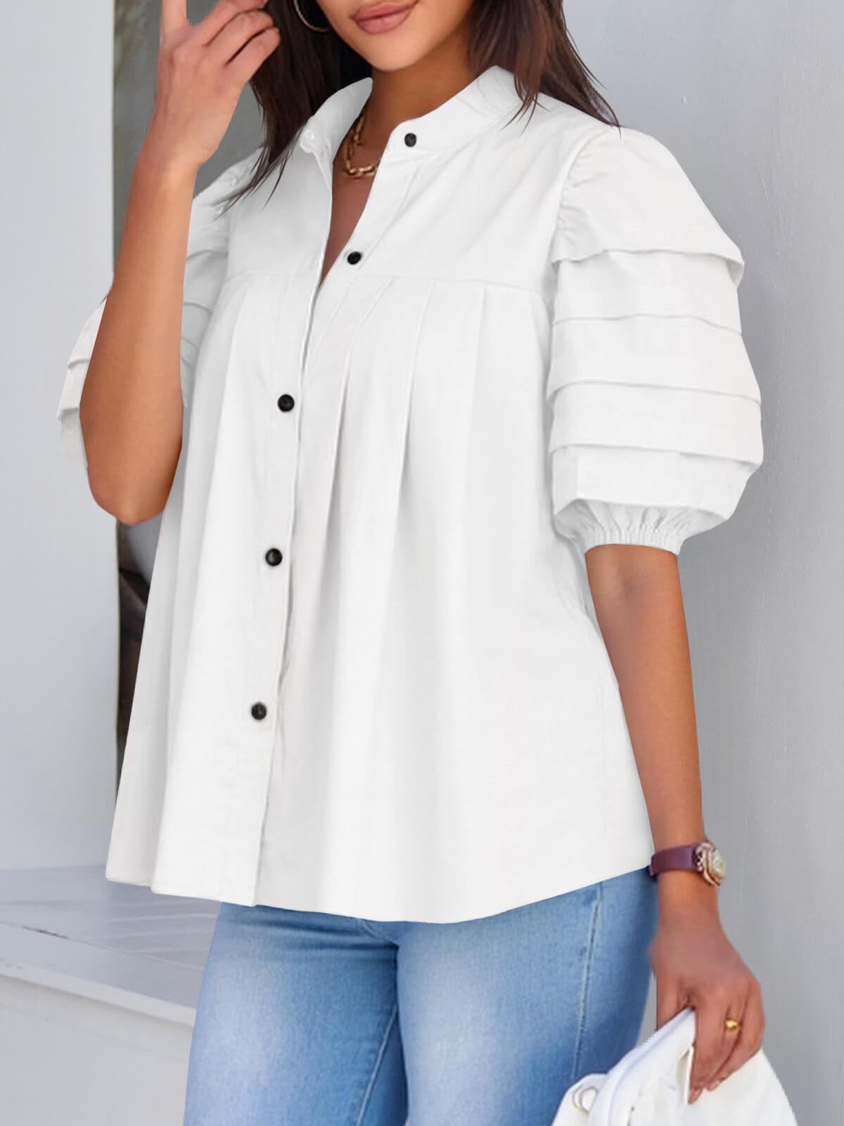 Tankaneo Camicette da donna a maniche corte con bottoni, in cotone, plissettate, alla moda, casual, vestibilità ampia