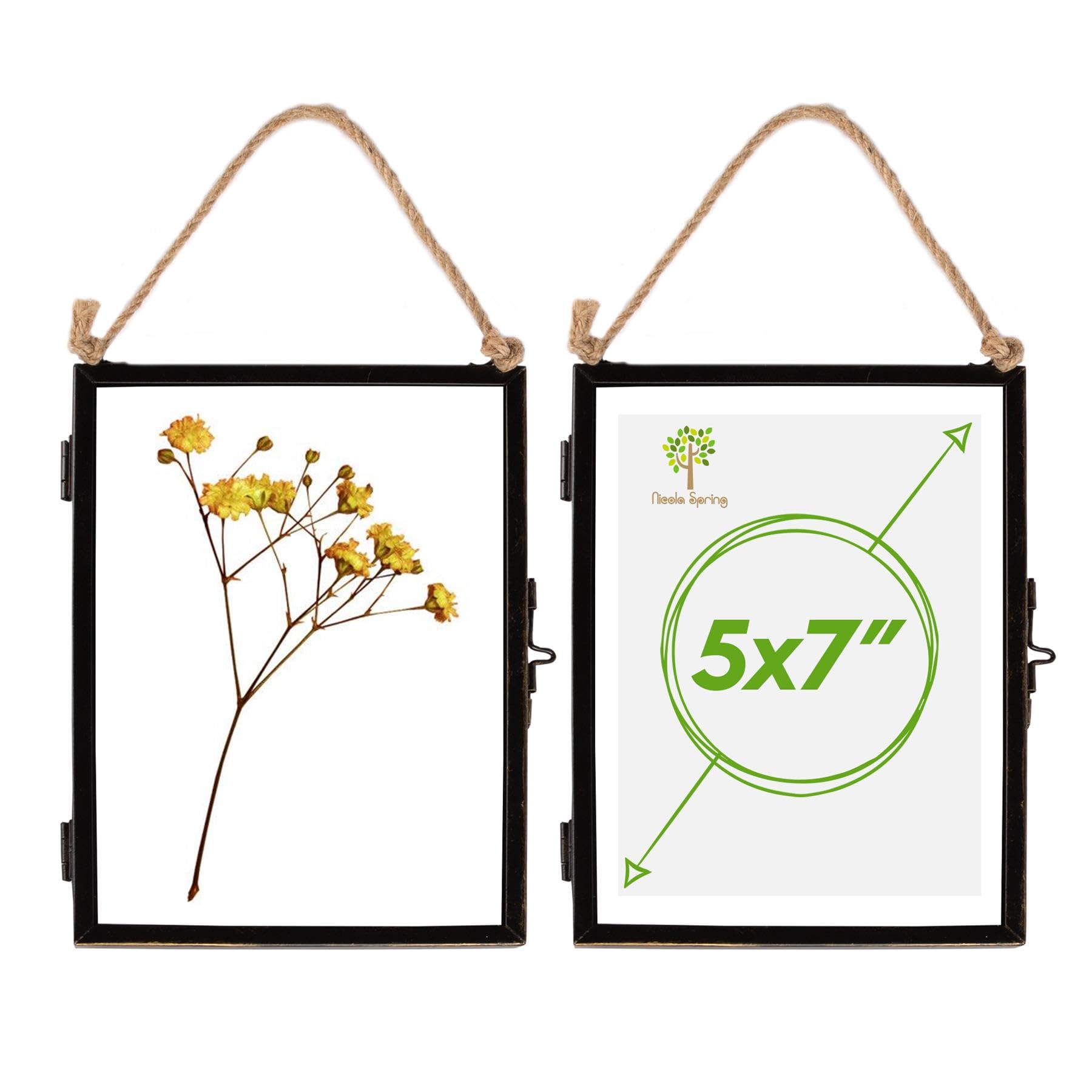 Nicola Spring Black Hanging Metal Photo Frames 5X7 Inch (14 X 18.5Cm) - Set Of 2 Vintage Glass Picture Frames With Rope For Wall Display - Rustic Industrial Home Décor For Photos & Artwork