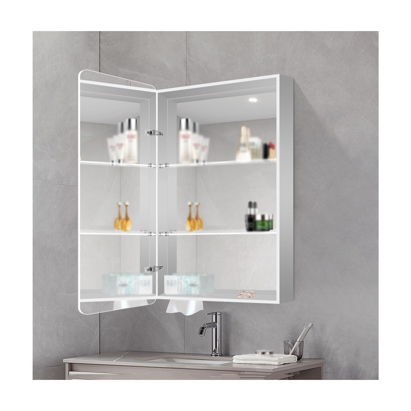 Specchio Bagno Contenitore,Specchiera Bagno Con Contenitore,Design Dello Specchio Bifacciale,Ripiani Regolabili, Per Gioielli,Maschere E Strumenti Di Bellezza(Silver,50 * 70 * 13cm)
